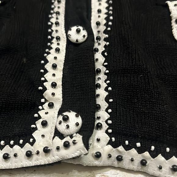 Vintage Knit Cardigan Sweater Black Large Beaded Vegan Leather Trim Satin - Picture 4 of 16
